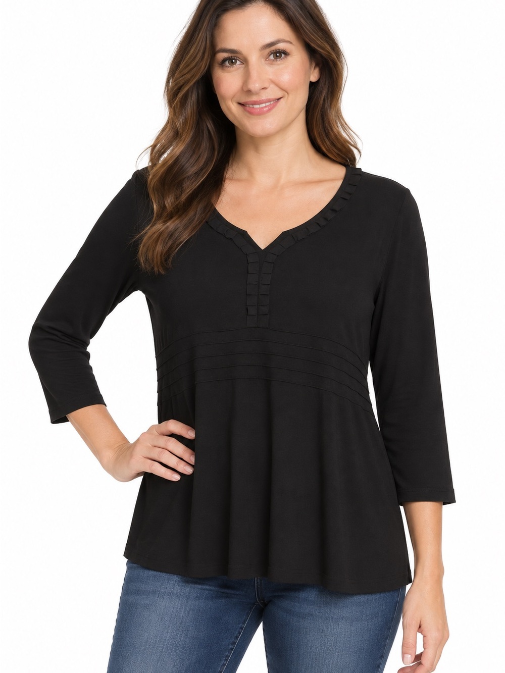 Black Women’s V-Neck Pintuck Peplum Top - 1081